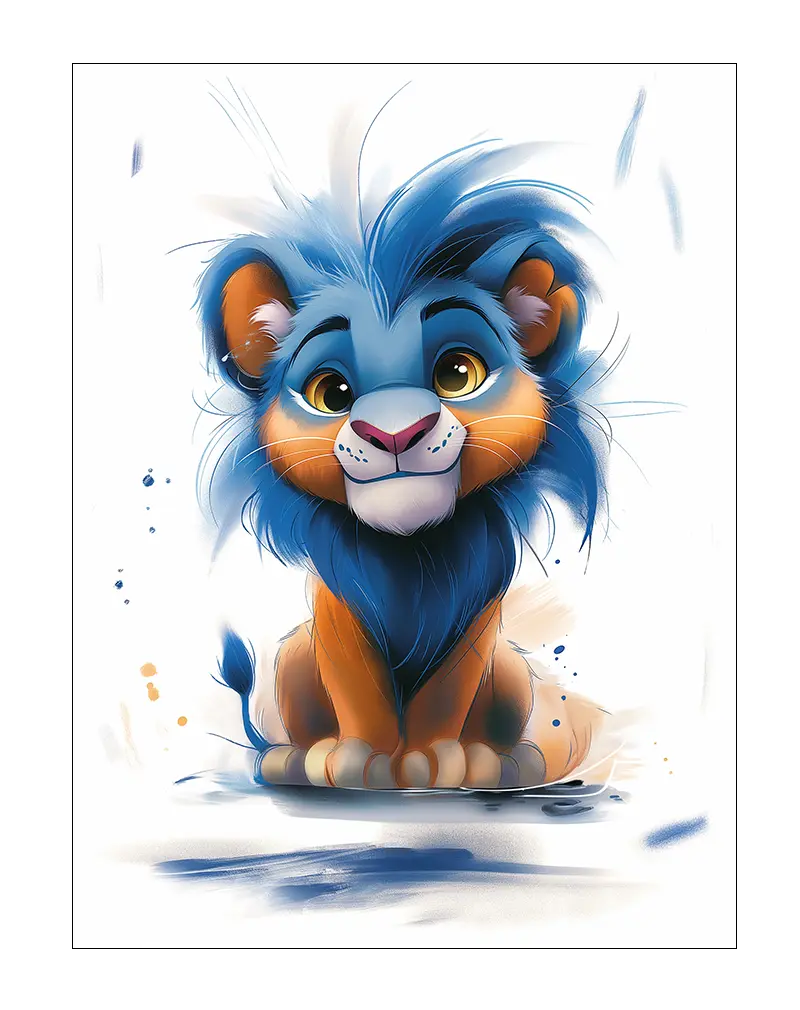 Adorable illustration of a lion cub with vibrant blue mane and soft orange fur. This playful cartoon poster is perfect for children's rooms or as whimsical wall art, adding a touch of joy and color to any space