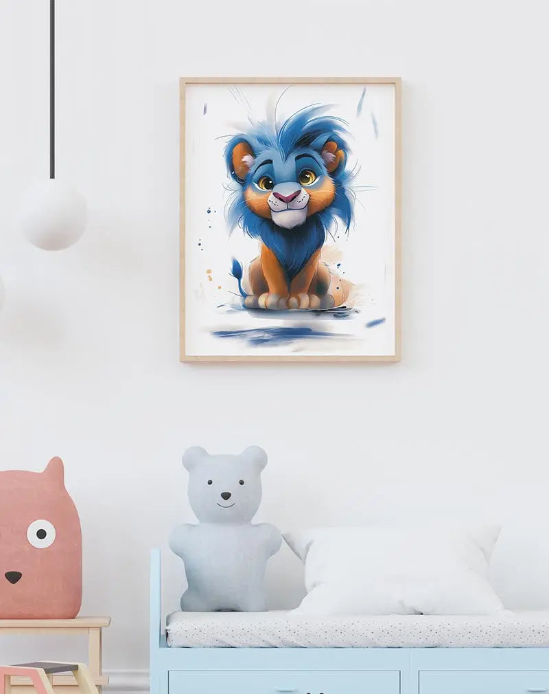 Adorable illustration of a lion cub with vibrant blue mane and soft orange fur. This playful cartoon poster is perfect for children's rooms or as whimsical wall art, adding a touch of joy and color to any space