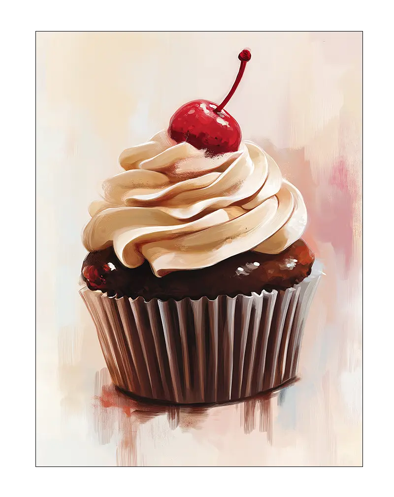 A deliciously detailed illustration of a chocolate cupcake topped with creamy frosting and a cherry on top. Perfect wall art for a kitchen or bakery, bringing a sweet and playful vibe to your space