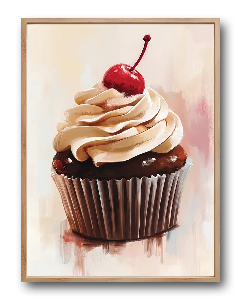 A deliciously detailed illustration of a chocolate cupcake topped with creamy frosting and a cherry on top. Perfect wall art for a kitchen or bakery, bringing a sweet and playful vibe to your space