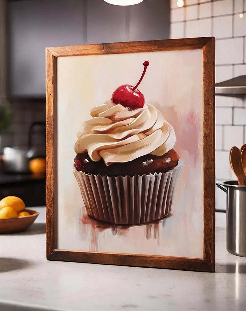 A deliciously detailed illustration of a chocolate cupcake topped with creamy frosting and a cherry on top. Perfect wall art for a kitchen or bakery, bringing a sweet and playful vibe to your space