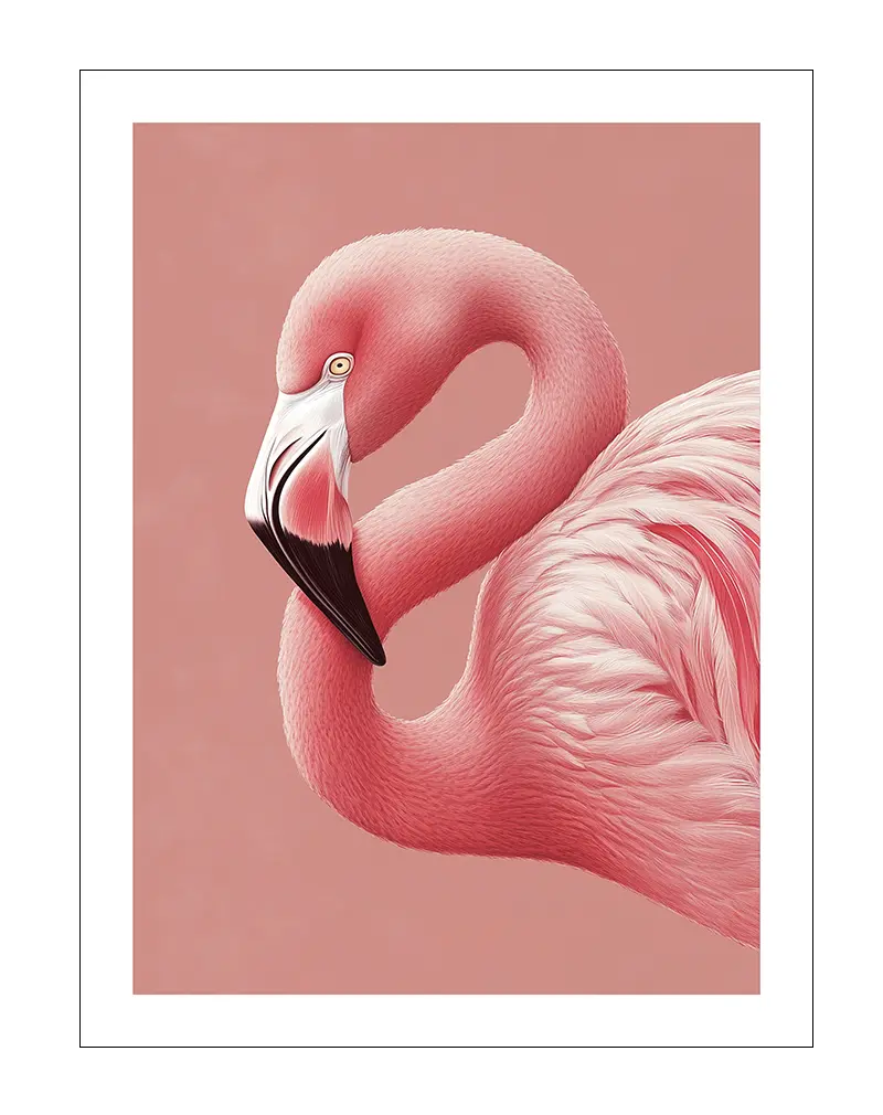 Elegant close-up illustration of a pink flamingo with a gracefully curved neck against a soft pink background. This vibrant wall art poster adds a touch of nature and beauty to any room, perfect for lovers of wildlife and tropical decor