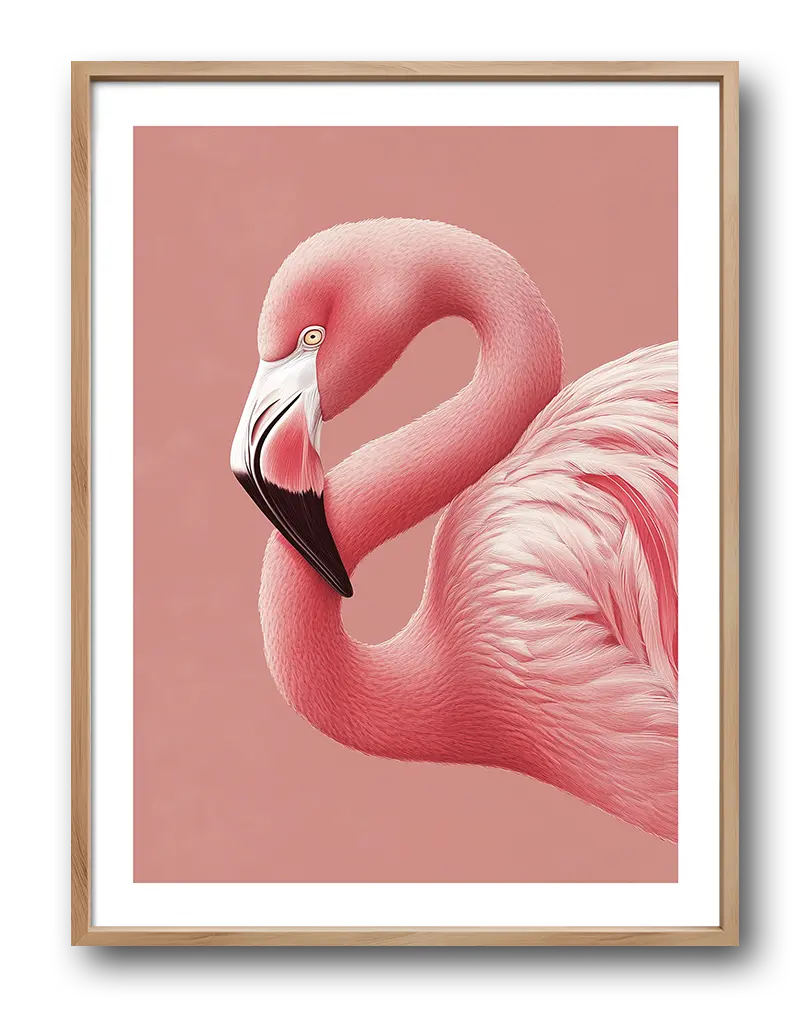 Elegant close-up illustration of a pink flamingo with a gracefully curved neck against a soft pink background. This vibrant wall art poster adds a touch of nature and beauty to any room, perfect for lovers of wildlife and tropical decor