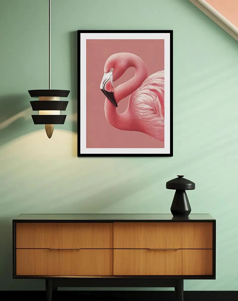 Elegant close-up illustration of a pink flamingo with a gracefully curved neck against a soft pink background. This vibrant wall art poster adds a touch of nature and beauty to any room, perfect for lovers of wildlife and tropical decor