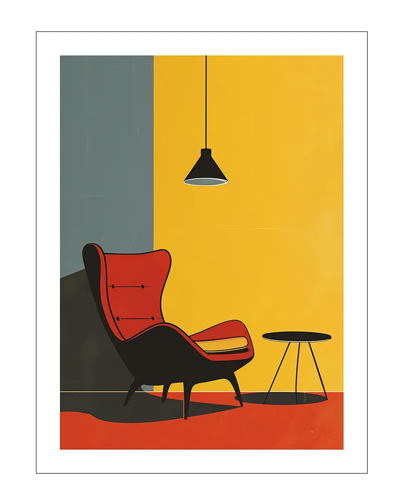 Minimalist illustration of a retro red lounge chair and a small table under a hanging lamp, set against a modern, vibrant yellow and grey background. This stylish poster adds a touch of mid-century modern decor, perfect as wall art for living spaces or design enthusiasts