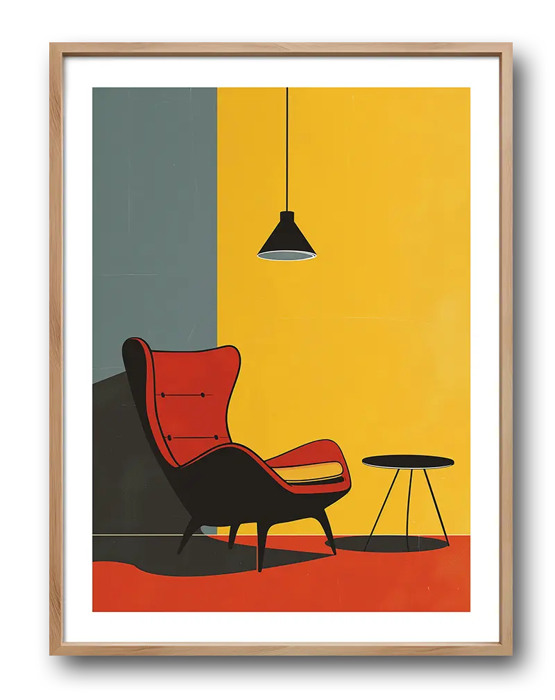 Minimalist illustration of a retro red lounge chair and a small table under a hanging lamp, set against a modern, vibrant yellow and grey background. This stylish poster adds a touch of mid-century modern decor, perfect as wall art for living spaces or design enthusiasts