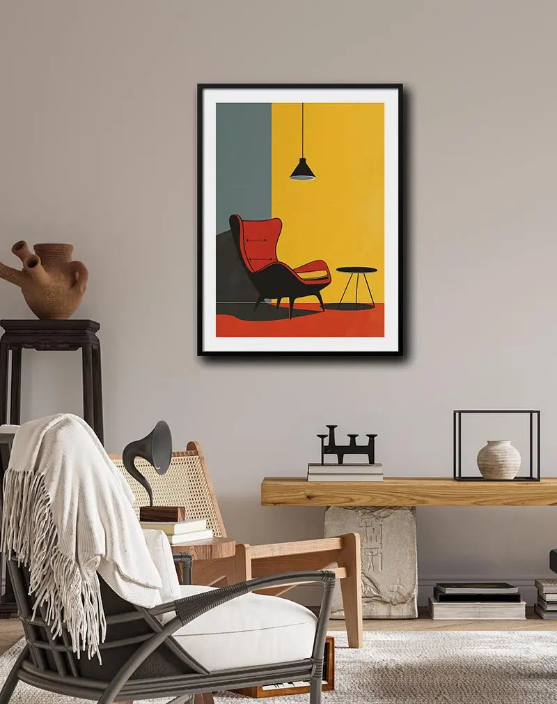 Minimalist illustration of a retro red lounge chair and a small table under a hanging lamp, set against a modern, vibrant yellow and grey background. This stylish poster adds a touch of mid-century modern decor, perfect as wall art for living spaces or design enthusiasts