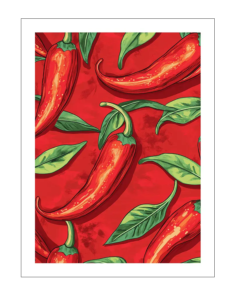 A vibrant illustration of red chili peppers with green leaves set against a bold red background. Perfect wall art for a kitchen or restaurant, adding a spicy and energetic touch to your decor