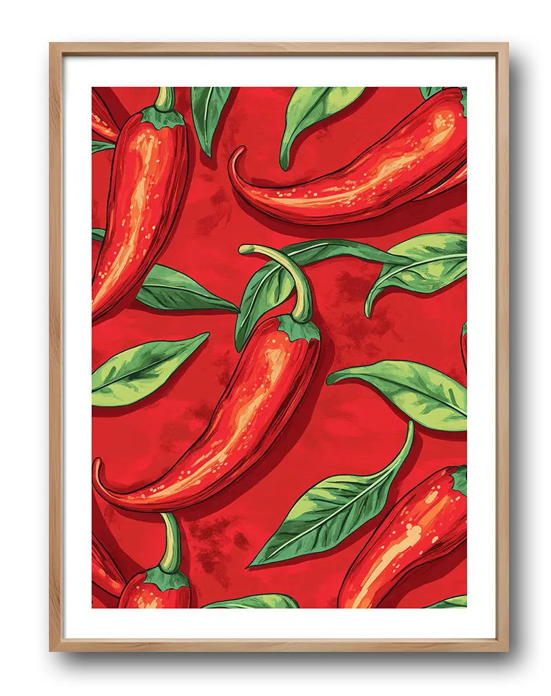 A vibrant illustration of red chili peppers with green leaves set against a bold red background. Perfect wall art for a kitchen or restaurant, adding a spicy and energetic touch to your decor