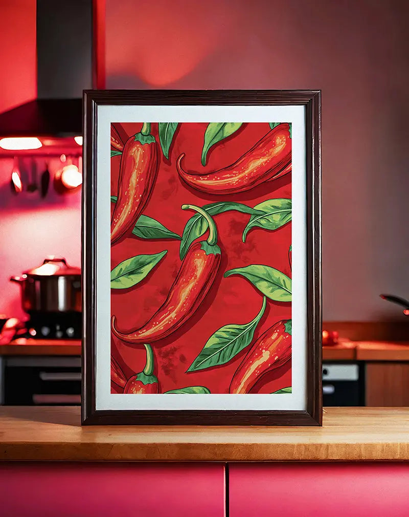 A vibrant illustration of red chili peppers with green leaves set against a bold red background. Perfect wall art for a kitchen or restaurant, adding a spicy and energetic touch to your decor