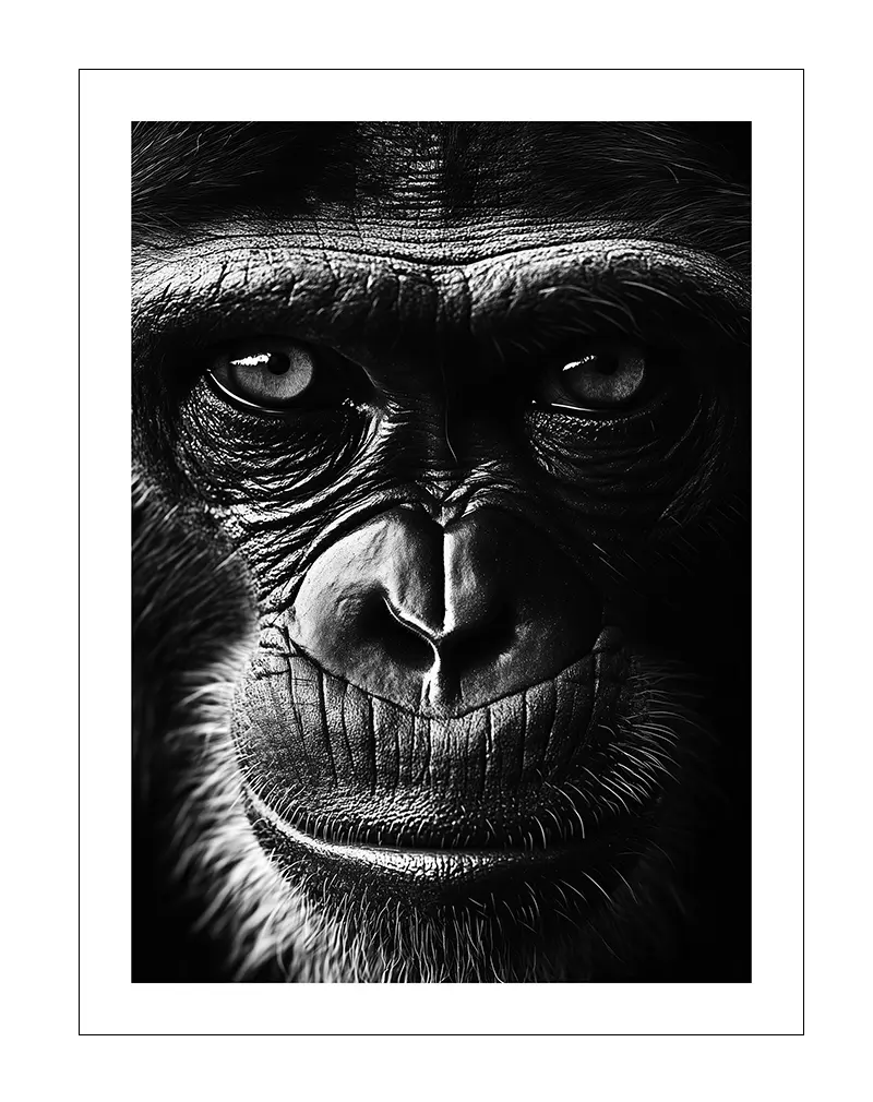 A striking black and white close-up portrait of a chimpanzee, emphasizing its deep expression and intricate skin details.