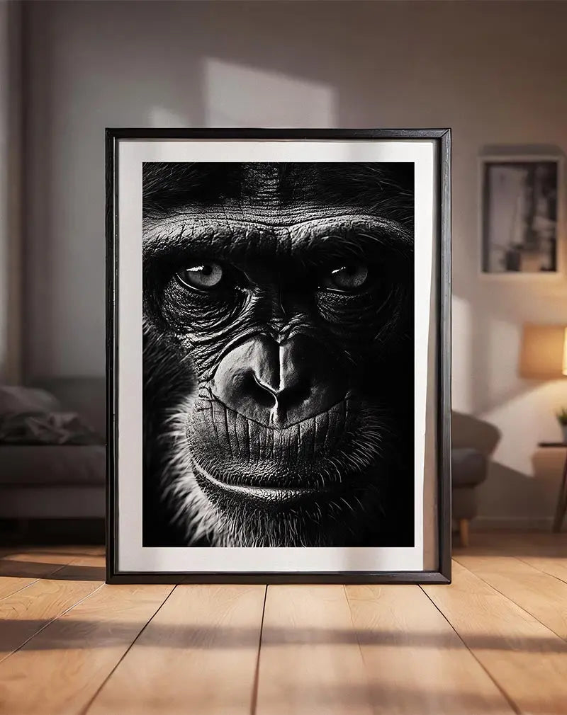 A striking black and white close-up portrait of a chimpanzee, emphasizing its deep expression and intricate skin details.