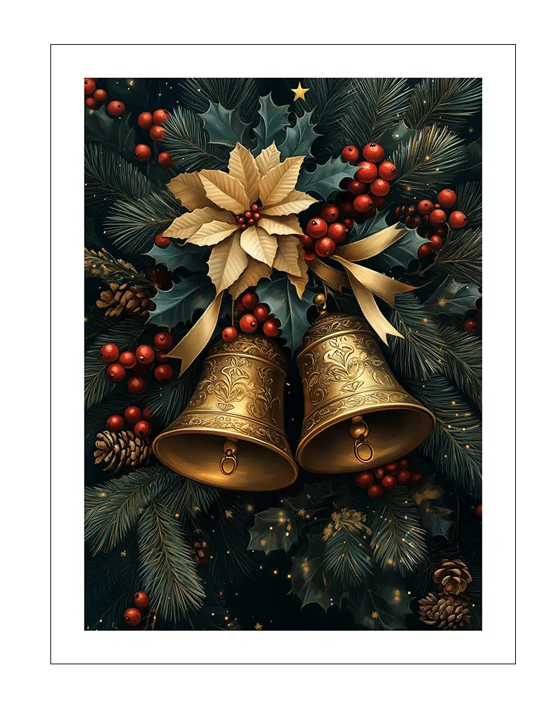 Illustration of golden Christmas bells with festive greenery and berries. Perfect holiday wall art for a seasonal touch.