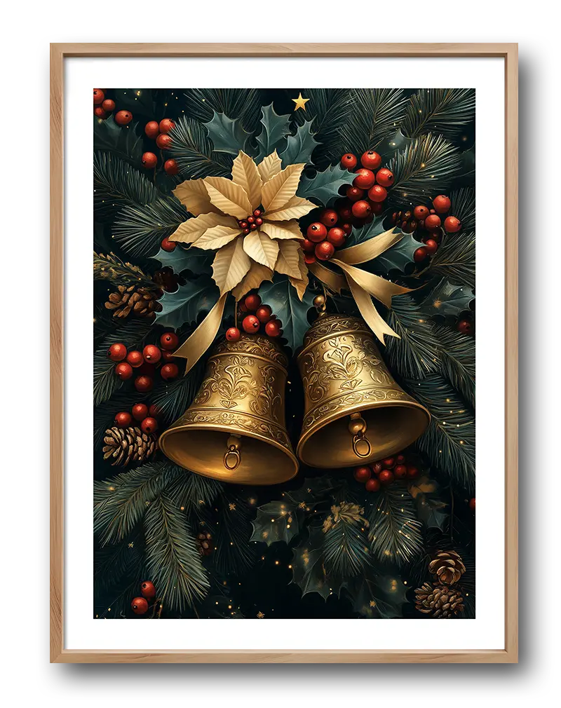 Illustration of golden Christmas bells with festive greenery and berries. Perfect holiday wall art for a seasonal touch.