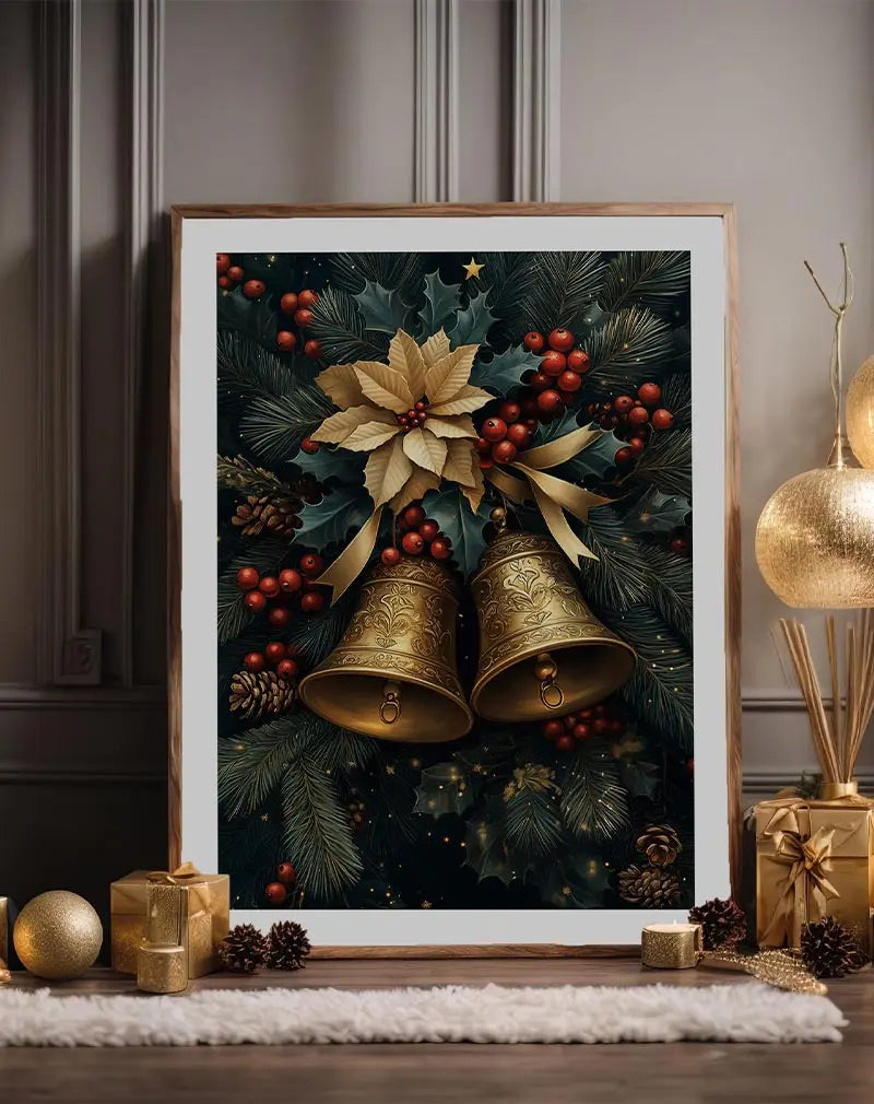 Illustration of golden Christmas bells with festive greenery and berries. Perfect holiday wall art for a seasonal touch.