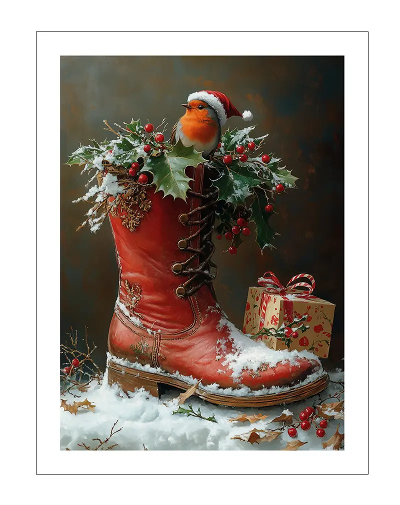 A festive wall art illustration of a robin with a Santa hat sitting on a red boot adorned with holly and berries. 