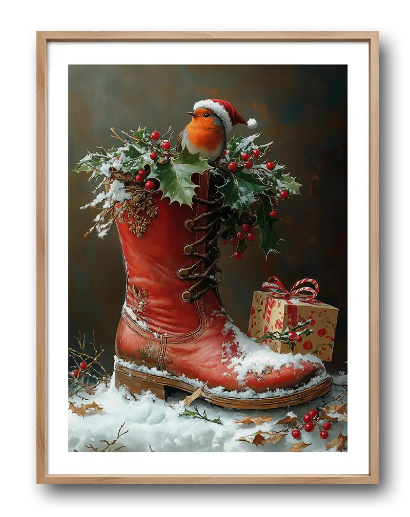 A festive wall art illustration of a robin with a Santa hat sitting on a red boot adorned with holly and berries. 