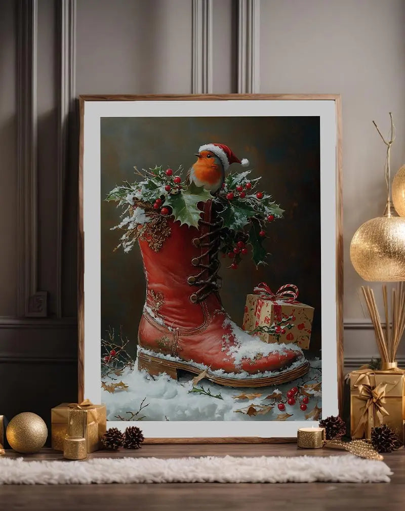 A festive wall art illustration of a robin with a Santa hat sitting on a red boot adorned with holly and berries. 