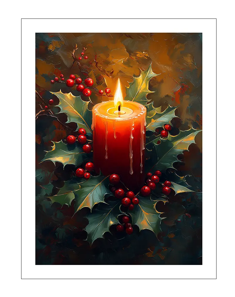 A festive wall art illustration of a red candle surrounded by holly leaves and berries. 