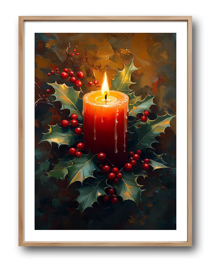 A festive wall art illustration of a red candle surrounded by holly leaves and berries. 