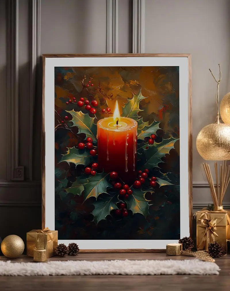 A festive wall art illustration of a red candle surrounded by holly leaves and berries. 