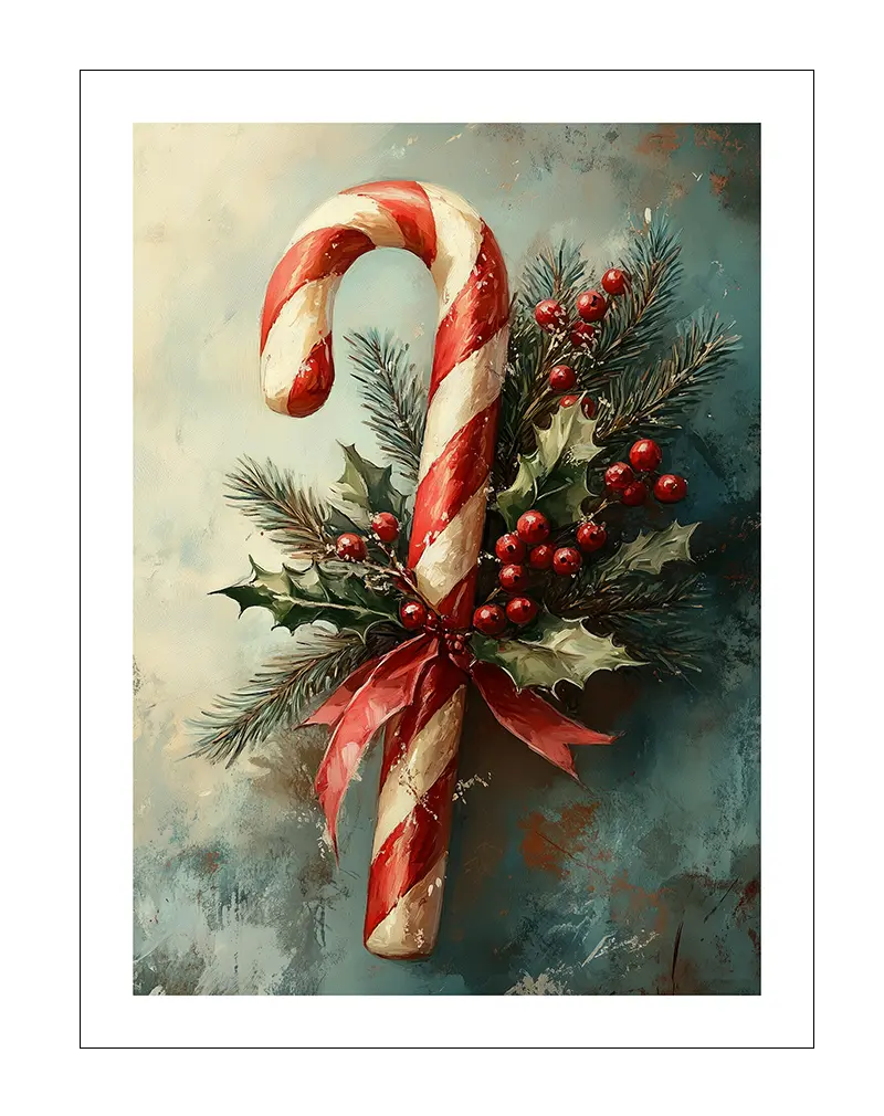 Illustration of a red and white candy cane adorned with holly, pine, and berries. Perfect wall art for adding holiday charm.