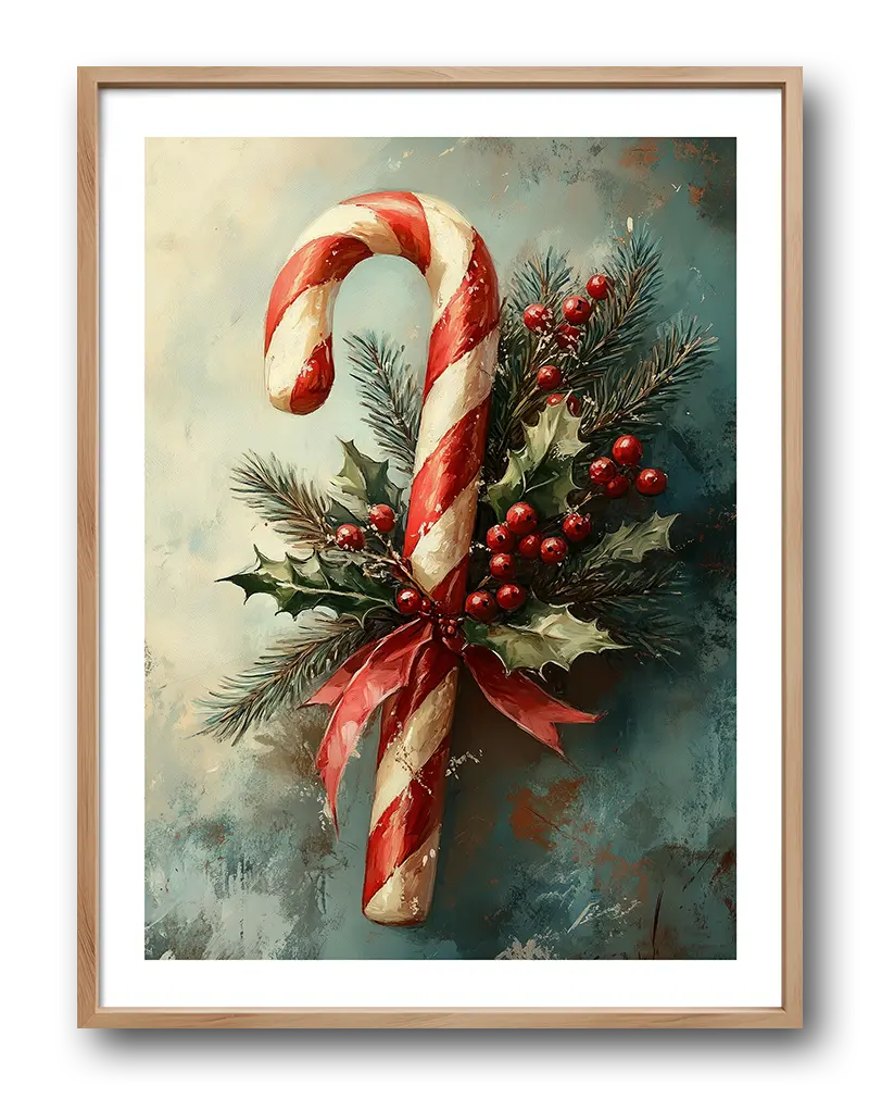 Illustration of a red and white candy cane adorned with holly, pine, and berries. Perfect wall art for adding holiday charm.