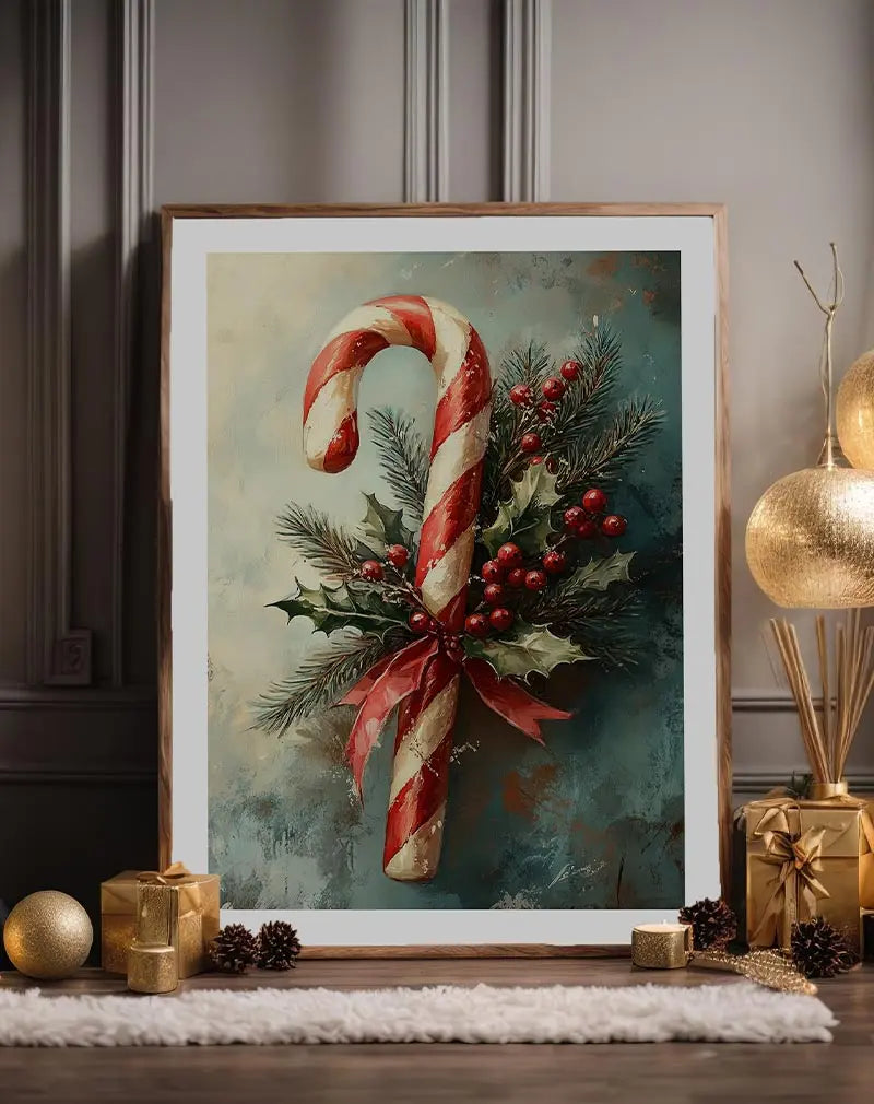 Illustration of a red and white candy cane adorned with holly, pine, and berries. Perfect wall art for adding holiday charm.