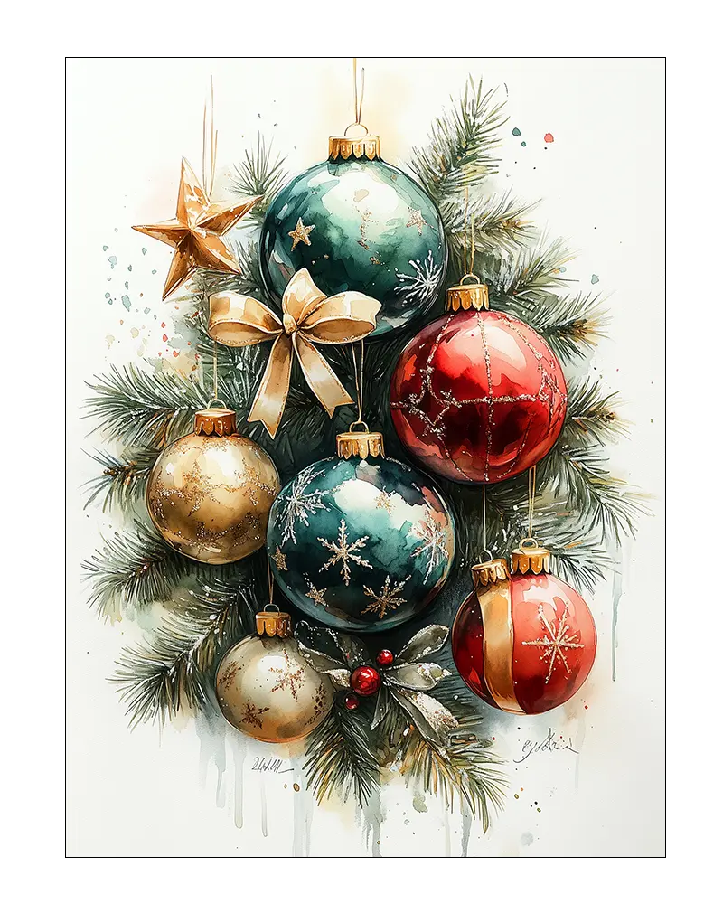 Illustration of colorful Christmas ornaments hanging on pine branches. Perfect wall art for holiday decor.