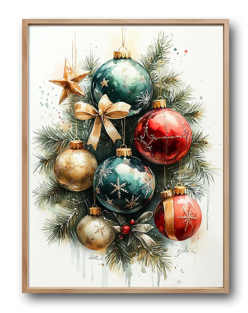 Illustration of colorful Christmas ornaments hanging on pine branches. Perfect wall art for holiday decor.