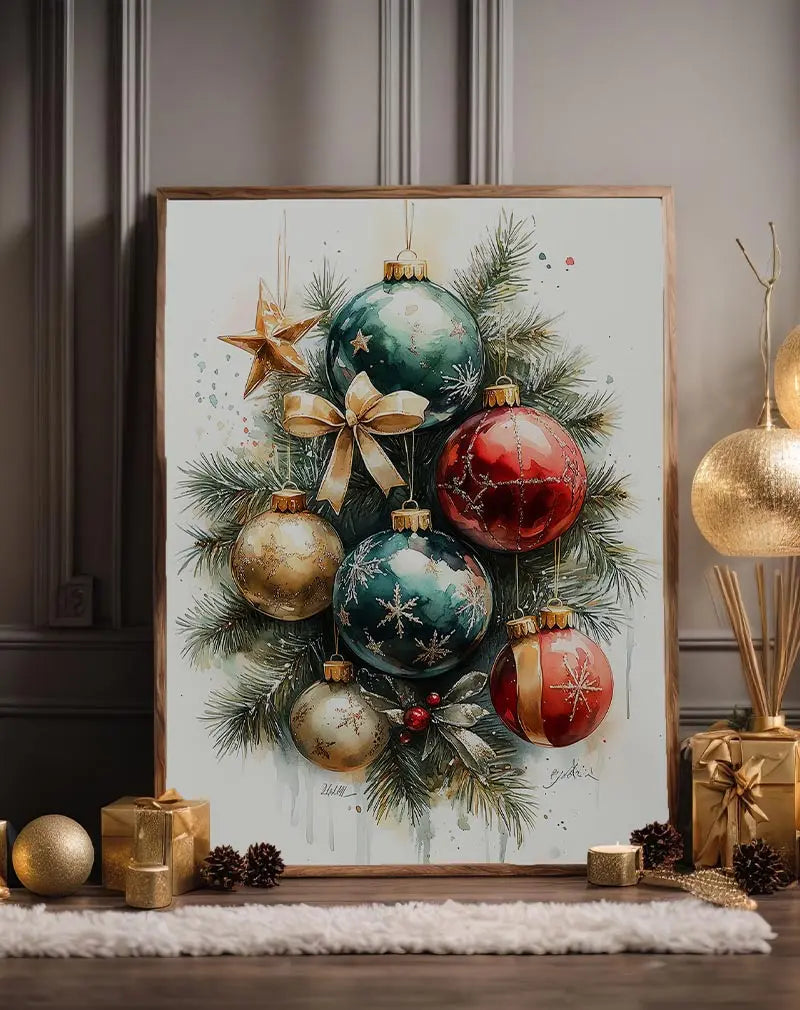 Illustration of colorful Christmas ornaments hanging on pine branches. Perfect wall art for holiday decor.