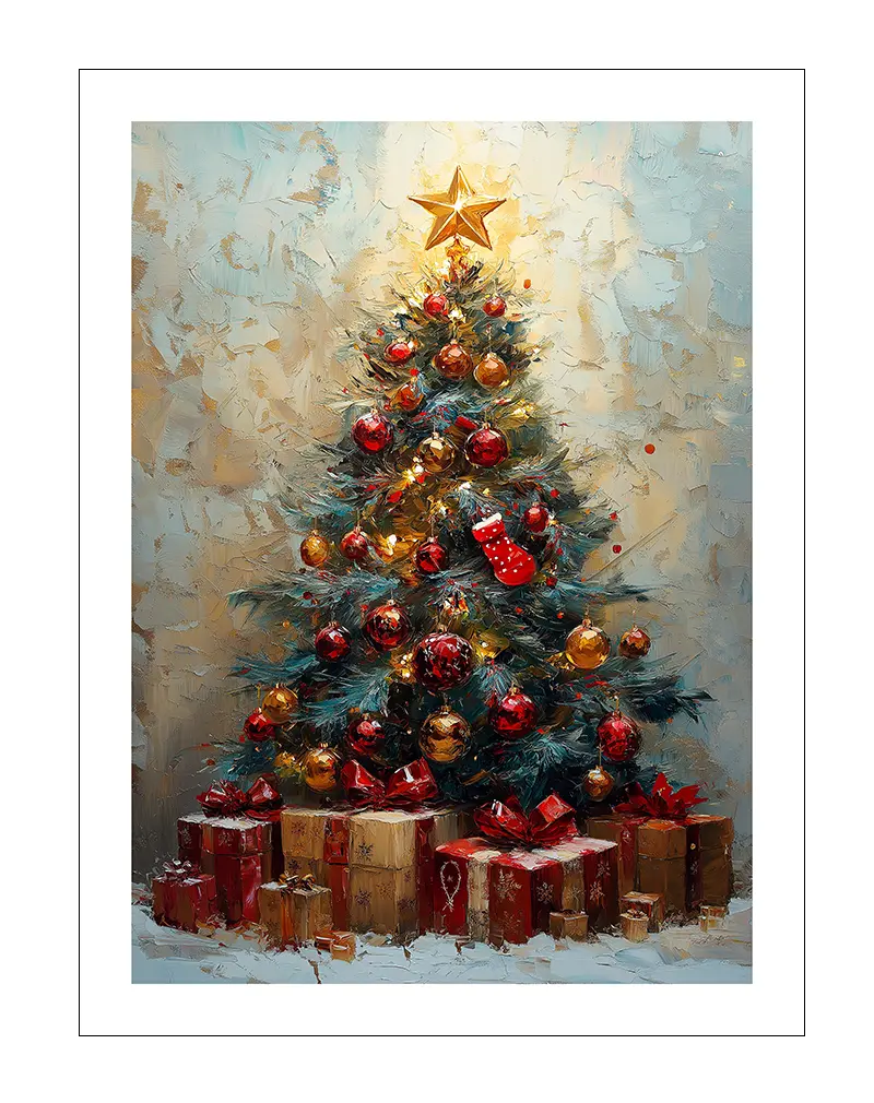 Illustration of a decorated Christmas tree with golden and red ornaments, topped with a shining star. Perfect wall art for holiday warmth.