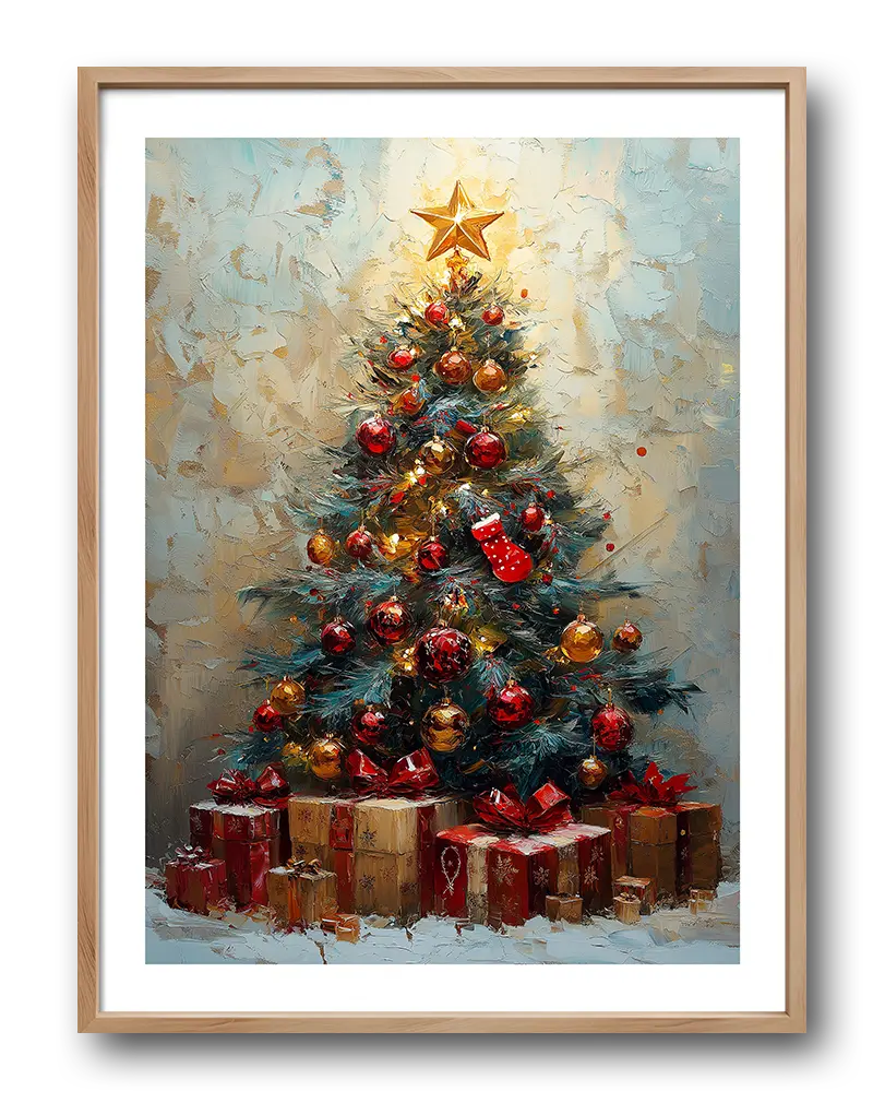 Illustration of a decorated Christmas tree with golden and red ornaments, topped with a shining star. Perfect wall art for holiday warmth.