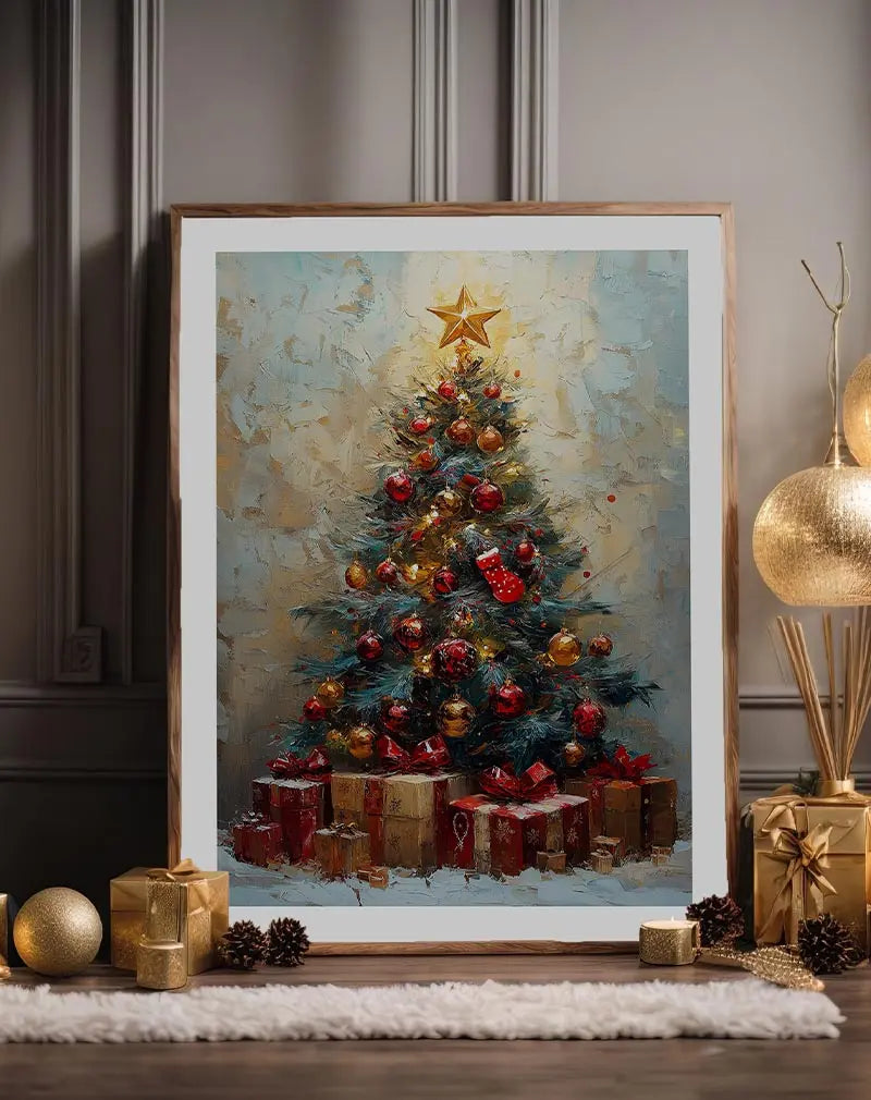 Illustration of a decorated Christmas tree with golden and red ornaments, topped with a shining star. Perfect wall art for holiday warmth.