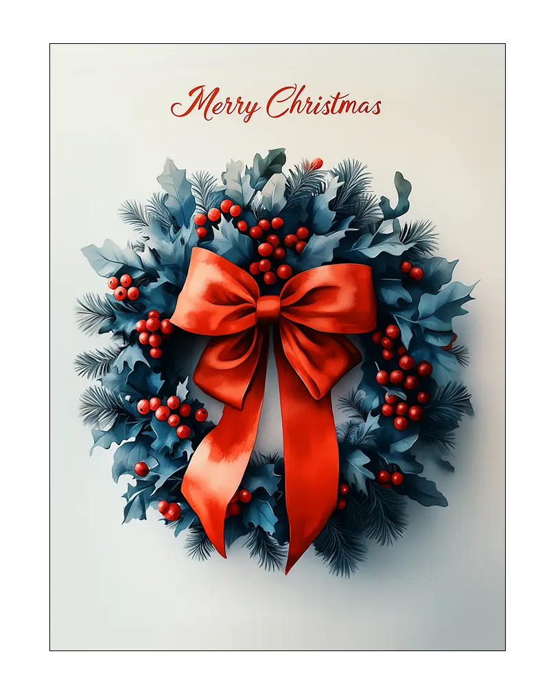 Illustration of a Christmas wreath with red berries, a large red bow, and 'Merry Christmas' text. Perfect wall art for festive decor.