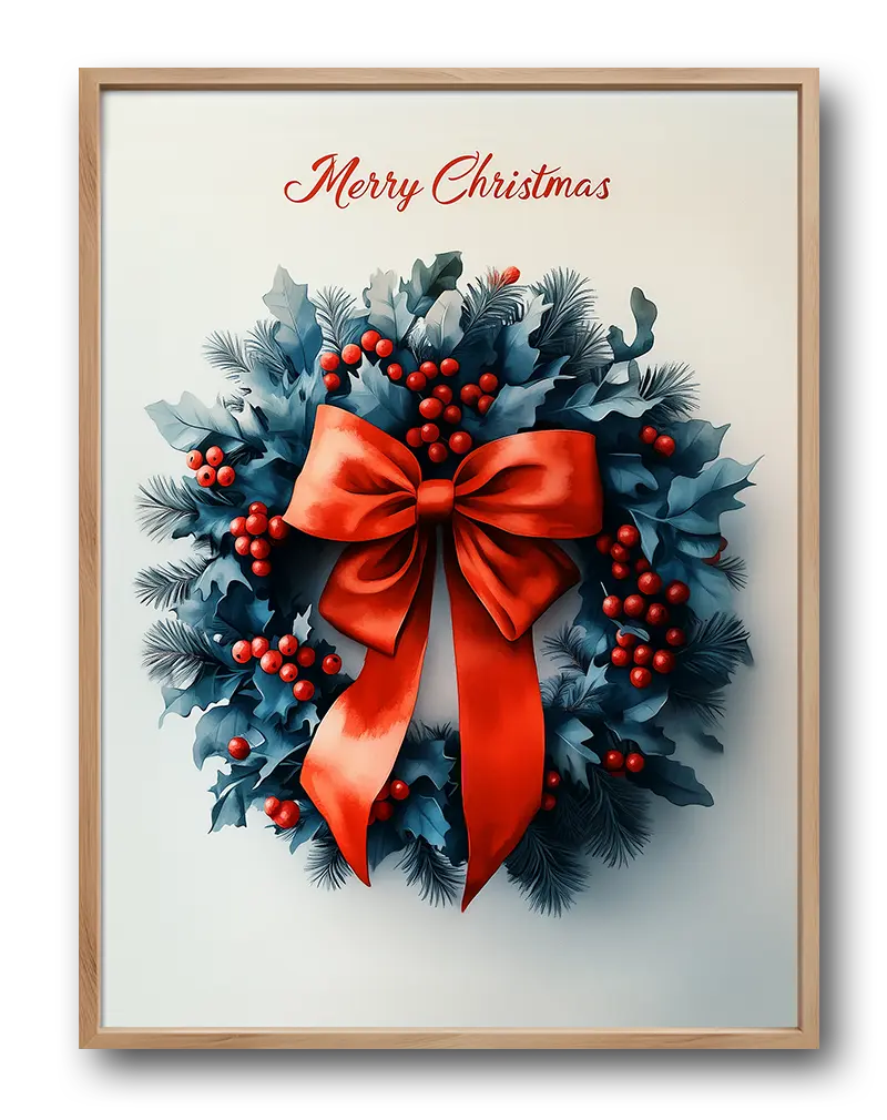 Illustration of a Christmas wreath with red berries, a large red bow, and 'Merry Christmas' text. Perfect wall art for festive decor.