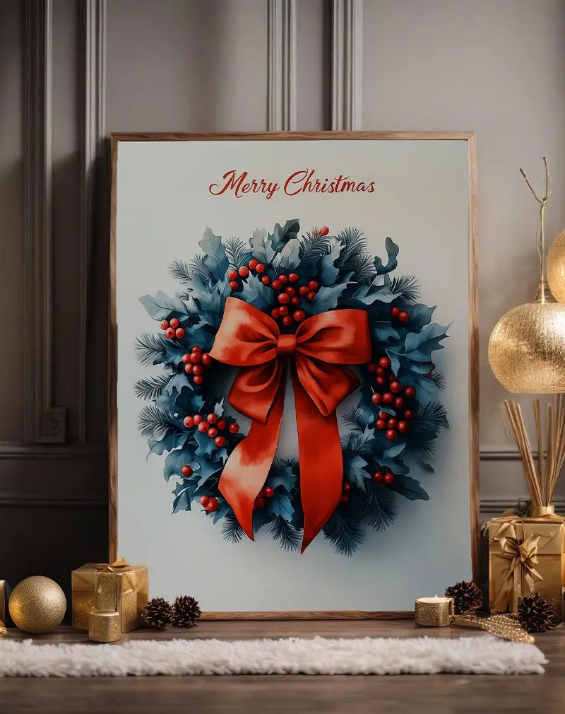 Illustration of a Christmas wreath with red berries, a large red bow, and 'Merry Christmas' text. Perfect wall art for festive decor.