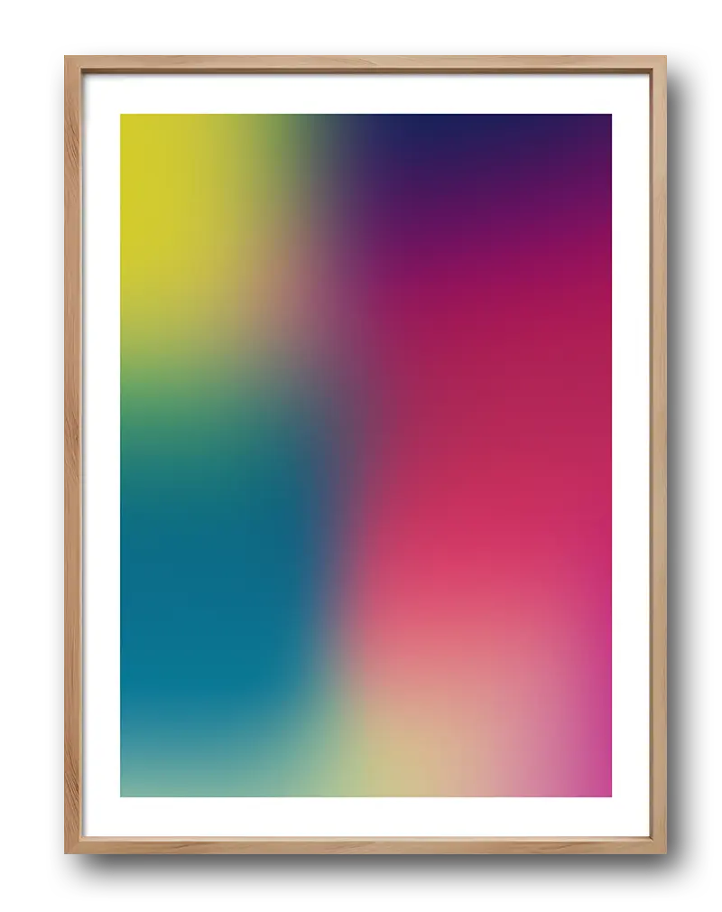 Abstract gradient wall art with smooth transitions between vibrant colors, including yellow, teal, pink, and purple. Perfect as a modern poster or illustration to bring a pop of color to any contemporary interior space