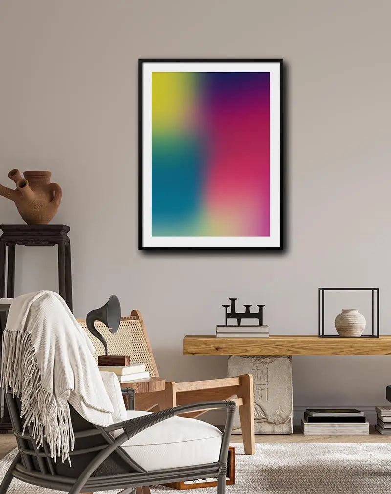 Abstract gradient wall art with smooth transitions between vibrant colors, including yellow, teal, pink, and purple. Perfect as a modern poster or illustration to bring a pop of color to any contemporary interior space