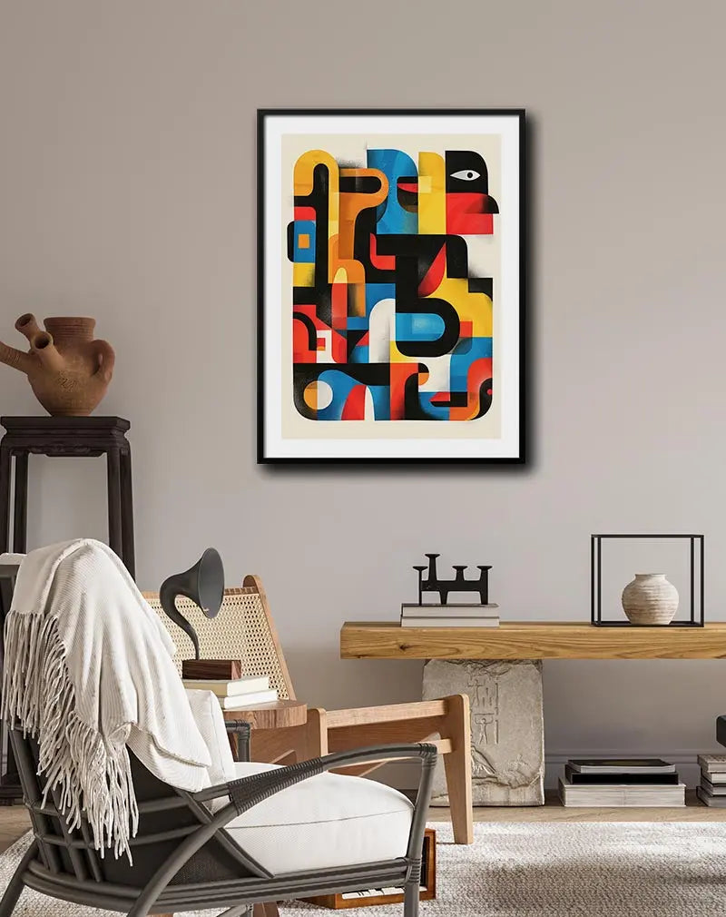 Abstract geometric wall art featuring bold, overlapping shapes in vibrant shades of red, yellow, blue, and black, with subtle gradients and textures. Perfect as a modern poster or illustration for contemporary home decor