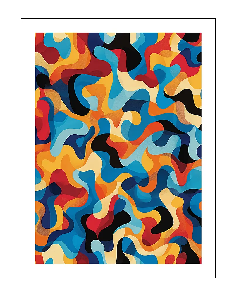 Abstract colorful wall art featuring fluid, interlocking shapes in vibrant hues of red, blue, yellow, and black. This dynamic poster or illustration is perfect for adding a modern and energetic touch to any space