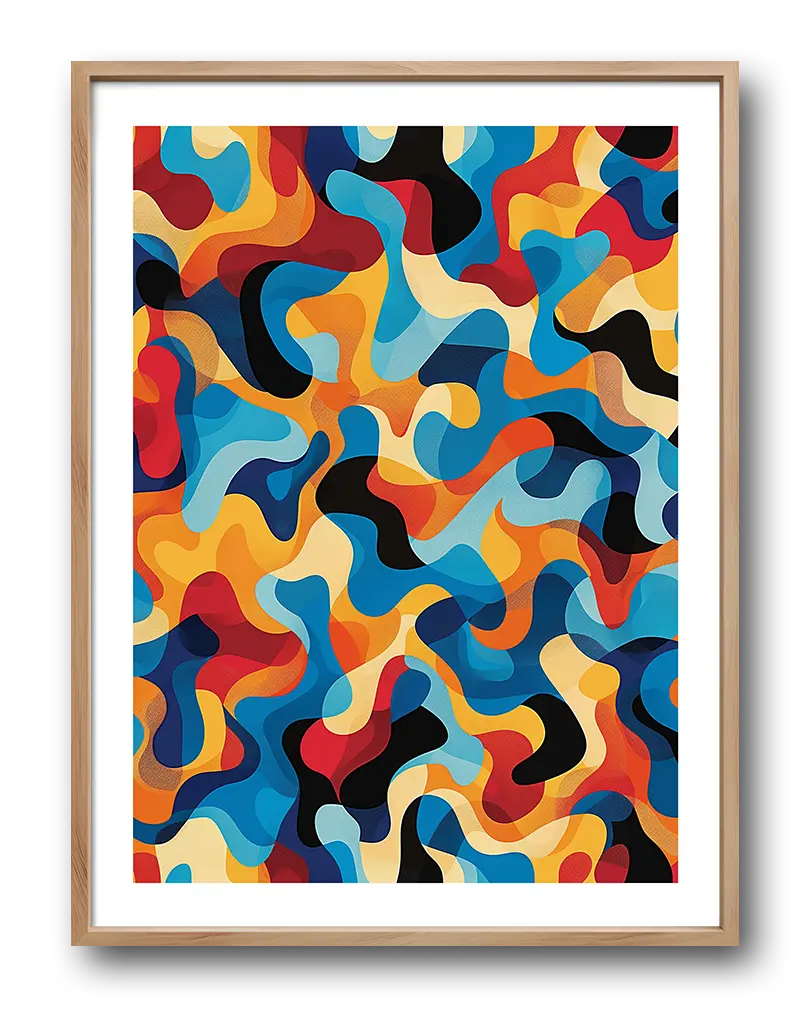 Abstract colorful wall art featuring fluid, interlocking shapes in vibrant hues of red, blue, yellow, and black. This dynamic poster or illustration is perfect for adding a modern and energetic touch to any space