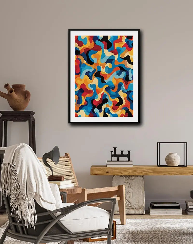 Abstract colorful wall art featuring fluid, interlocking shapes in vibrant hues of red, blue, yellow, and black. This dynamic poster or illustration is perfect for adding a modern and energetic touch to any space