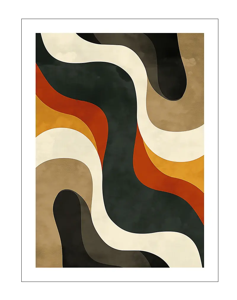 Illustration of abstract wall art featuring flowing shapes in earthy tones of orange, brown, beige, and black. This poster adds a warm and organic touch to any modern decor