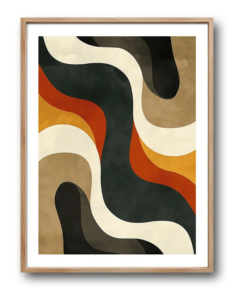 Illustration of abstract wall art featuring flowing shapes in earthy tones of orange, brown, beige, and black. This poster adds a warm and organic touch to any modern decor