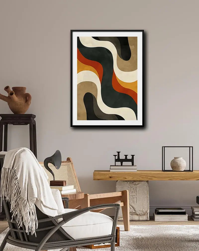 Illustration of abstract wall art featuring flowing shapes in earthy tones of orange, brown, beige, and black. This poster adds a warm and organic touch to any modern decor