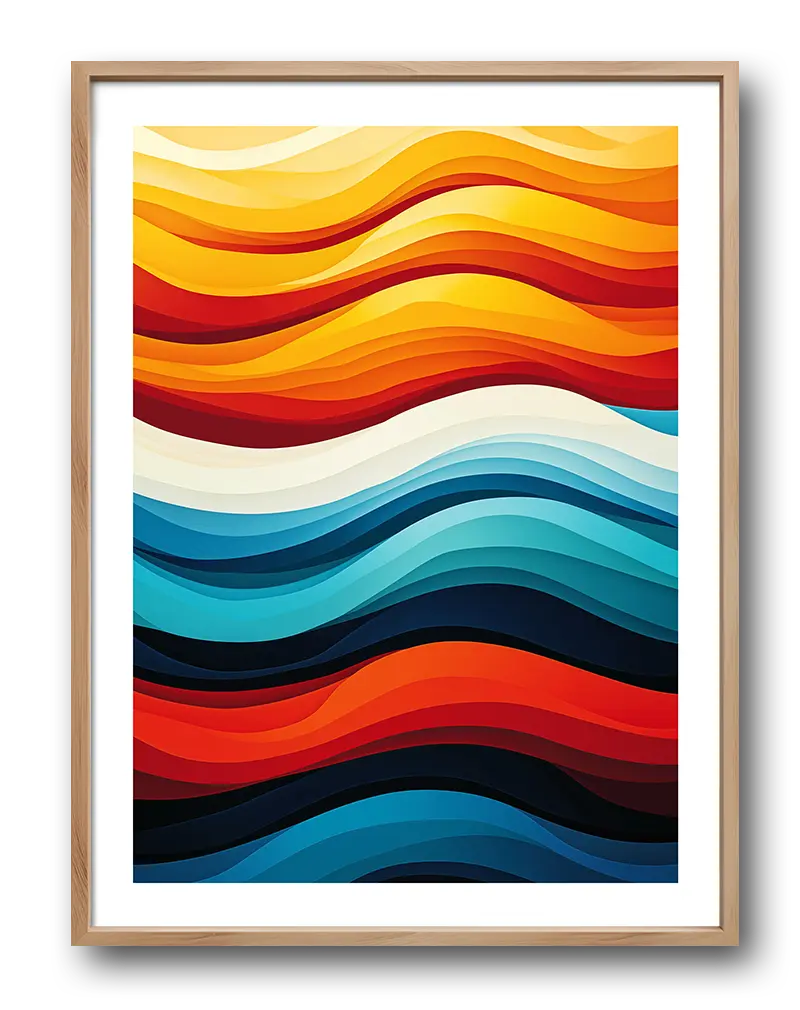 A vibrant abstract illustration featuring undulating waves of warm yellows, oranges, and cool blues.