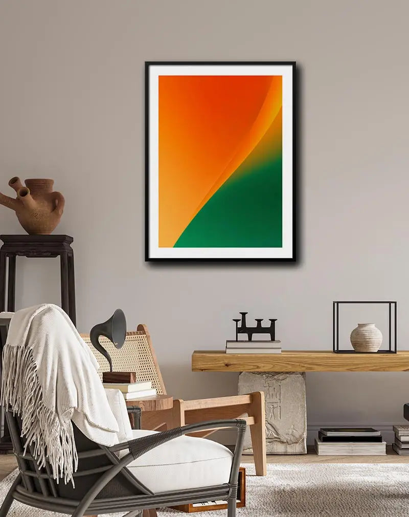 Abstract poster design featuring a smooth gradient blend of orange and green hues, creating a modern and vibrant wall art illustration. Ideal for adding a pop of color to any room decor