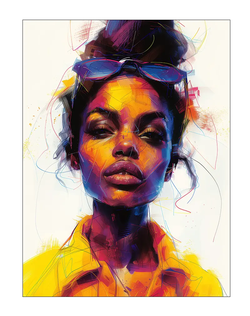 A vibrant and dynamic illustration of a woman with expressive colors in shades of yellow, purple, and red, wearing sunglasses on her head. This poster art brings a bold, contemporary feel to any space, perfect for modern wall art decor