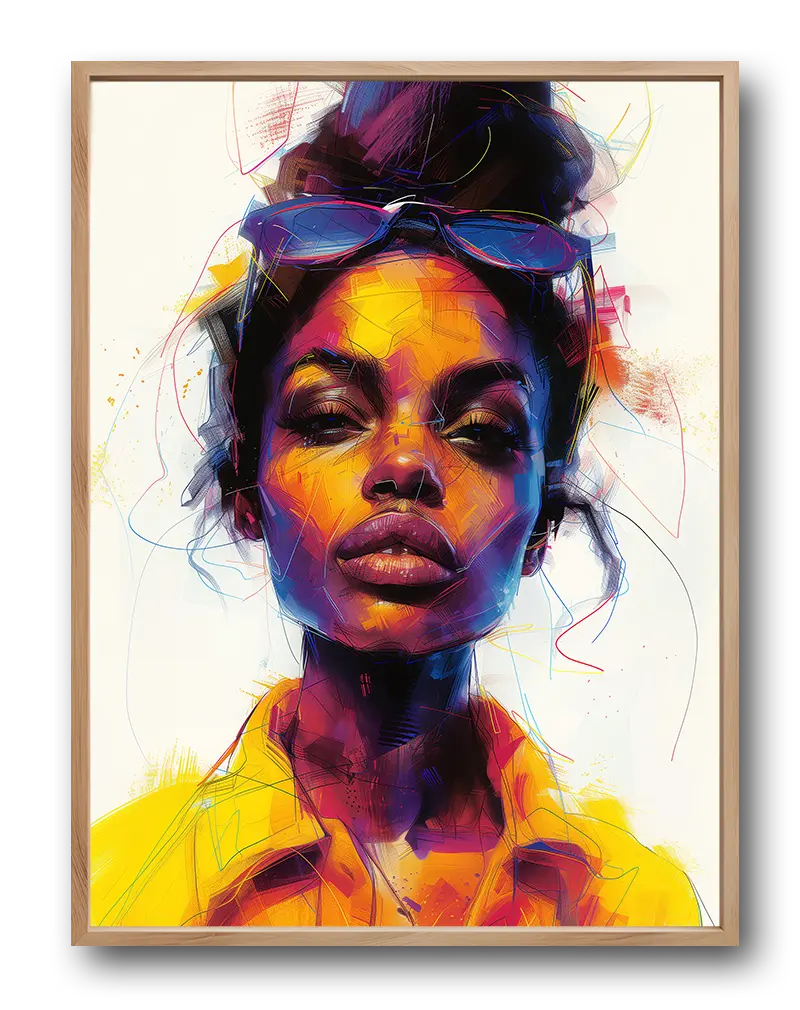 A vibrant and dynamic illustration of a woman with expressive colors in shades of yellow, purple, and red, wearing sunglasses on her head. This poster art brings a bold, contemporary feel to any space, perfect for modern wall art decor